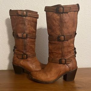 Frye Carmen Three Strap Tall Harness Boots in Camel - Women’s 7